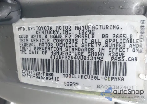 1997 Toyota Camry Le V6 z USA, uszkodzony, nr VIN 4T1BF22K4VU013492